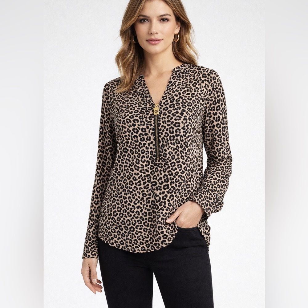 NWT Michael Kors Animal Print Long Sleeve Blouse with Half Zipper